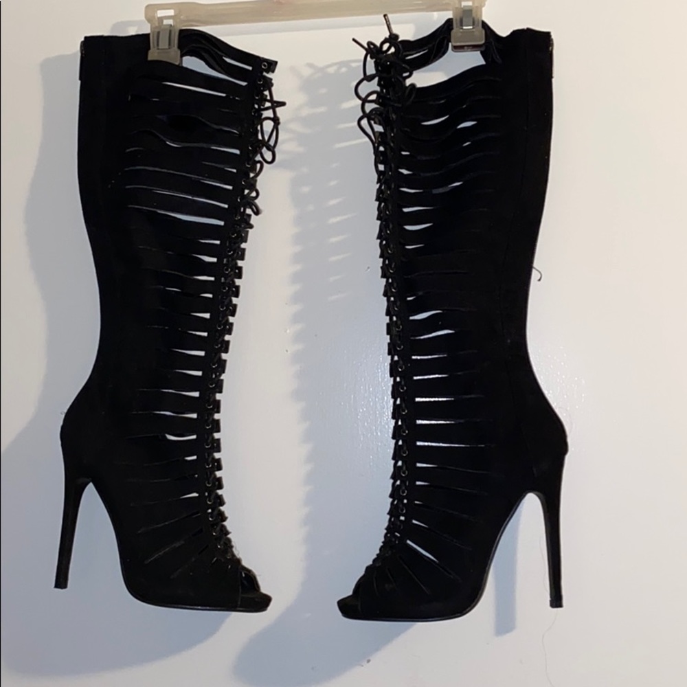 Black suede lace up boots with peep toe
